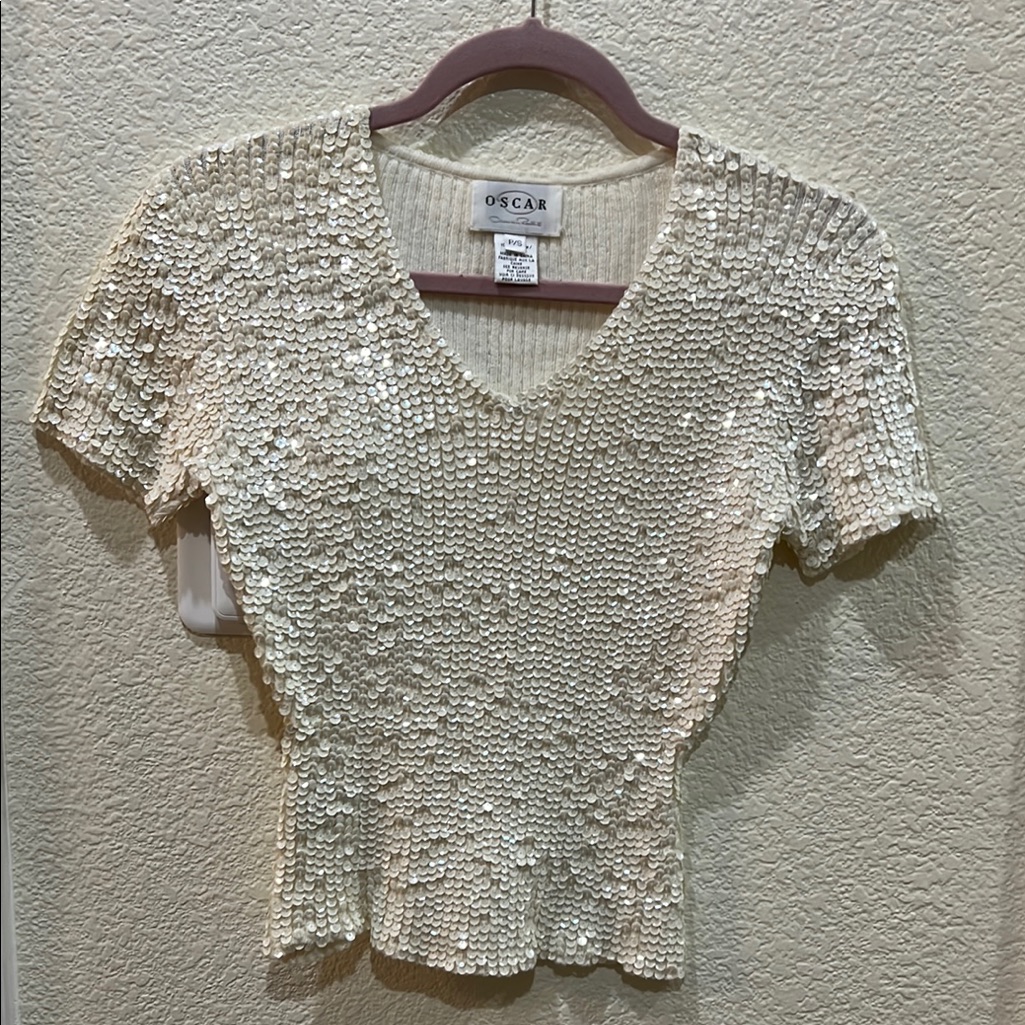 Oscar De La Renta Vintage V-Neck Cream Short Sleeved Sequined 100% Cotton